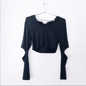 Black cropped open elbow lightweight hoodie